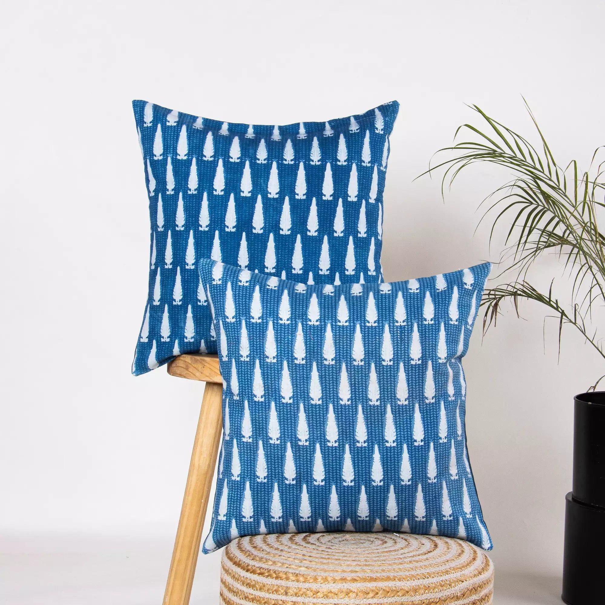 Hand Block Indigo Leaf Printed Pure Cotton Cushion Covers